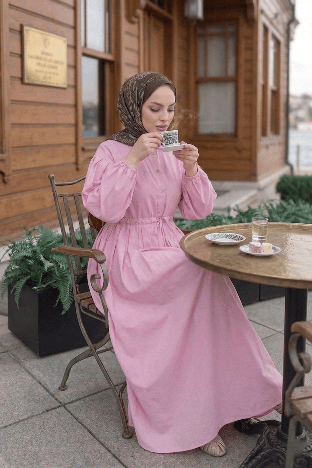 Belden Piliseli Bağcıklı Düğme Detaylı Elbise Pembe   HNT0310