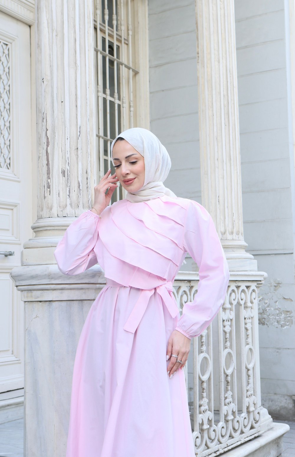Fırfır Detaylı Kuşaklı Terikoton Elbise Pembe    HNT0313