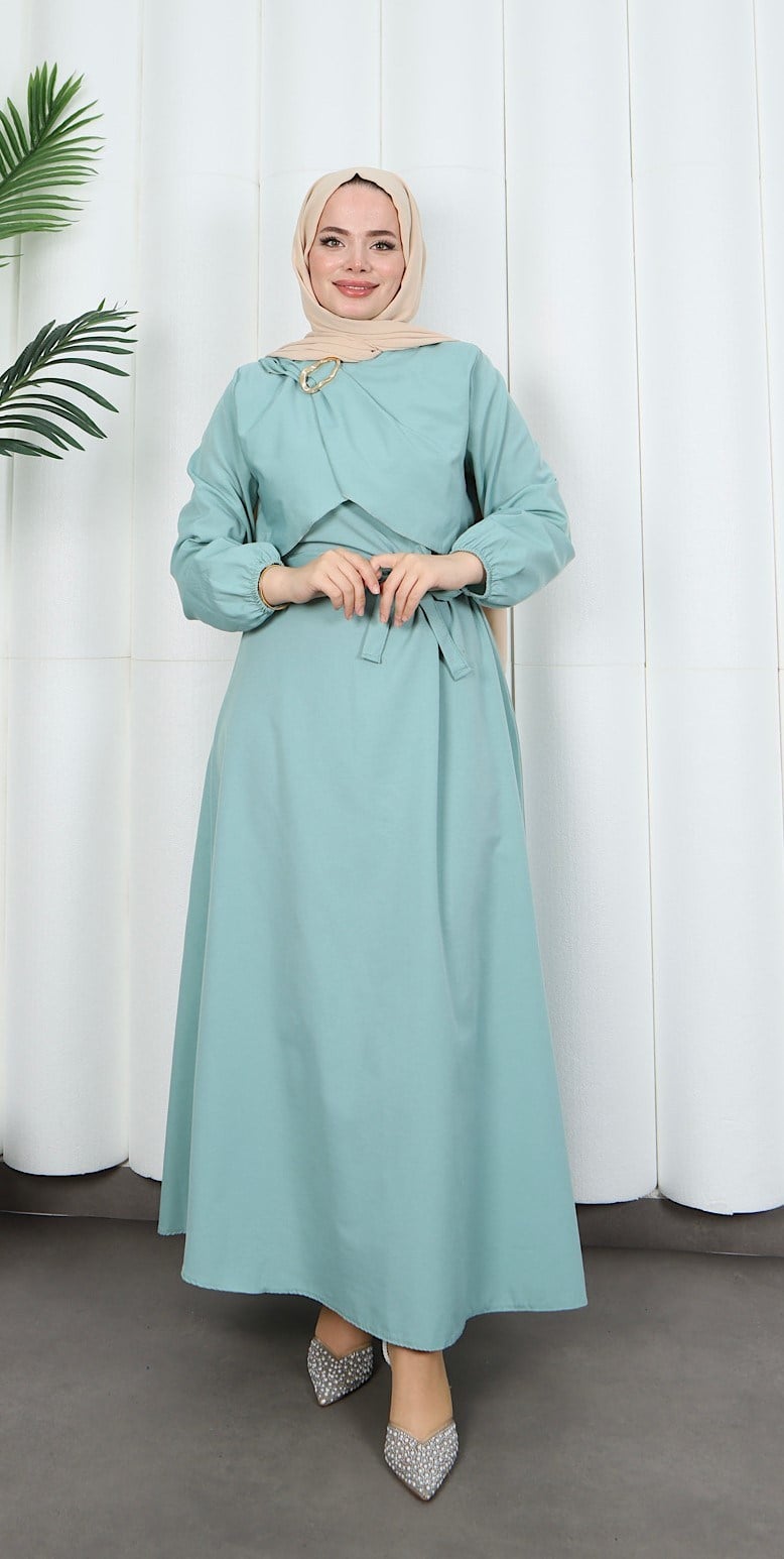 Toka Detaylı Kuşaklı Terikoton Elbise Mint    HNT0332