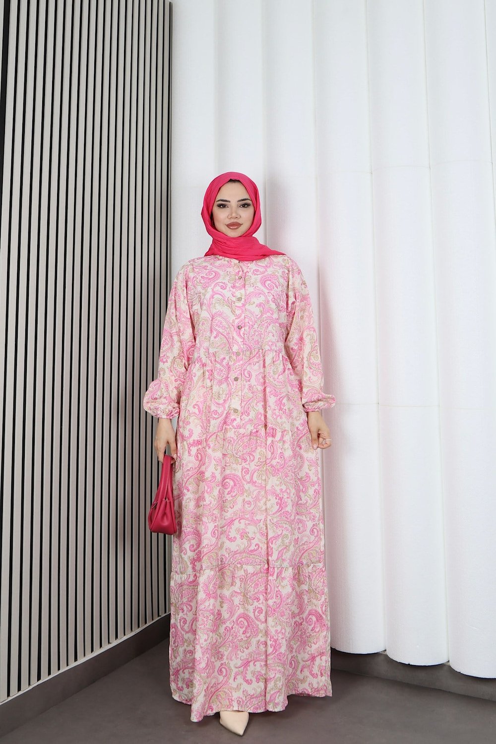 Kadın Modal Kumaş Şal Desen Tesettür  Yarım Pat Düğmeli  Yazlık Elbise Pembe HNT2131