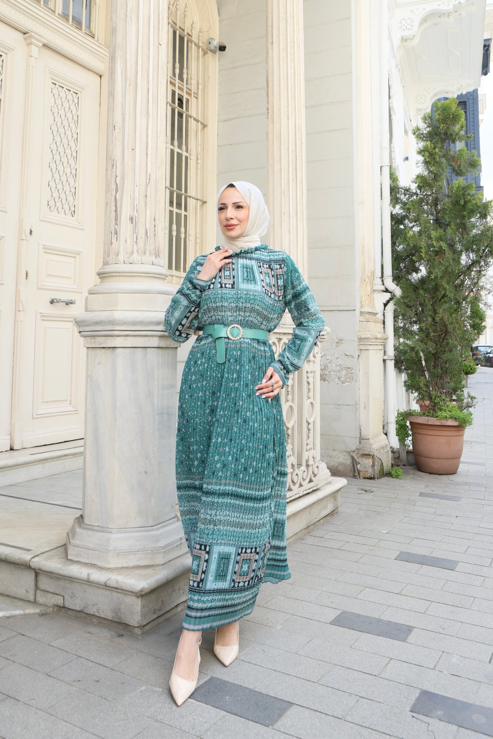 Desenli Boydan Piliseli Kemerli Şifon Elbise Mint Yeşili  HNT2968