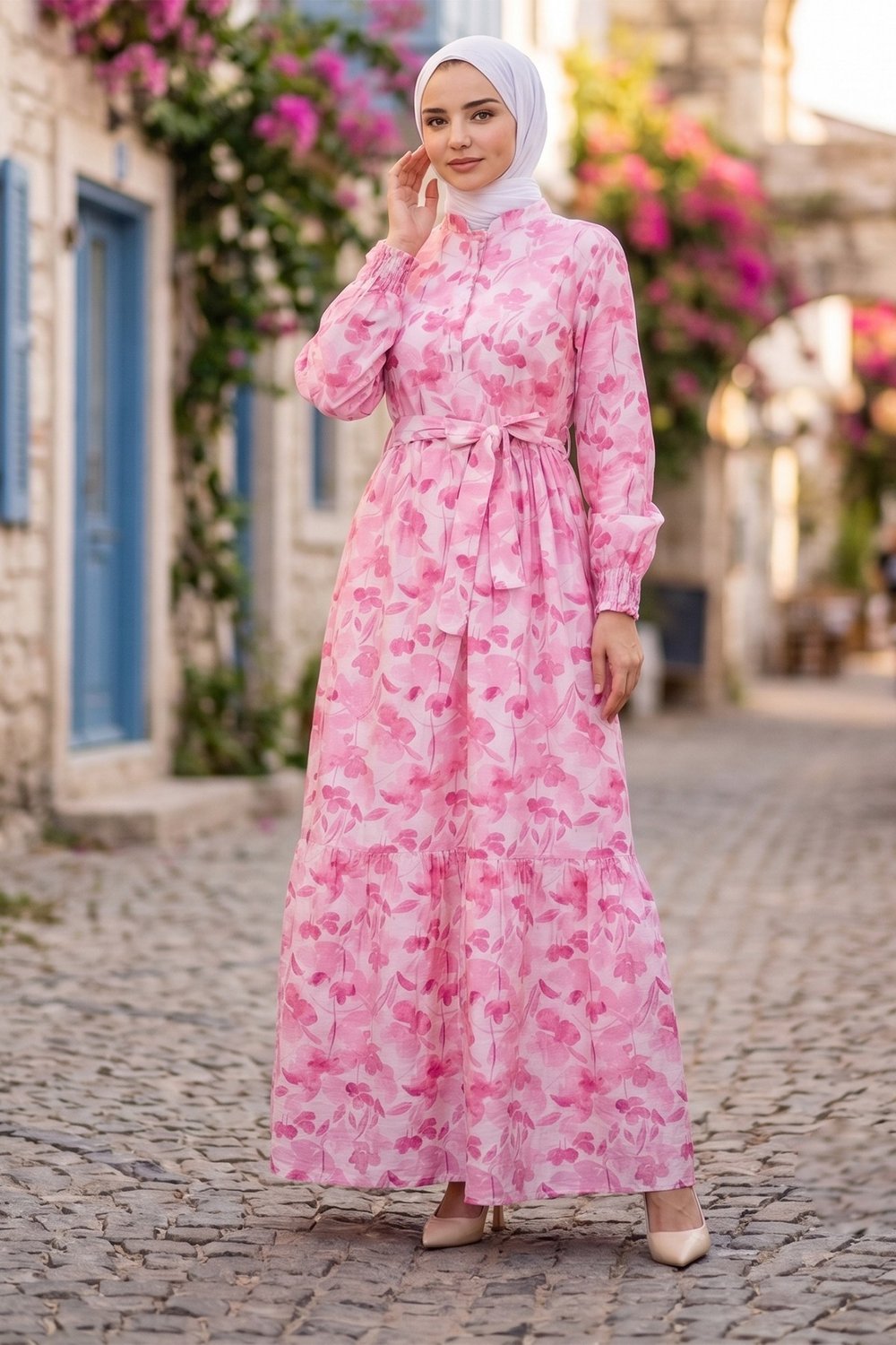 Çiçek Desenli Yarım Düğmeli Modal Desenli Elbise Pembe  7014-1
