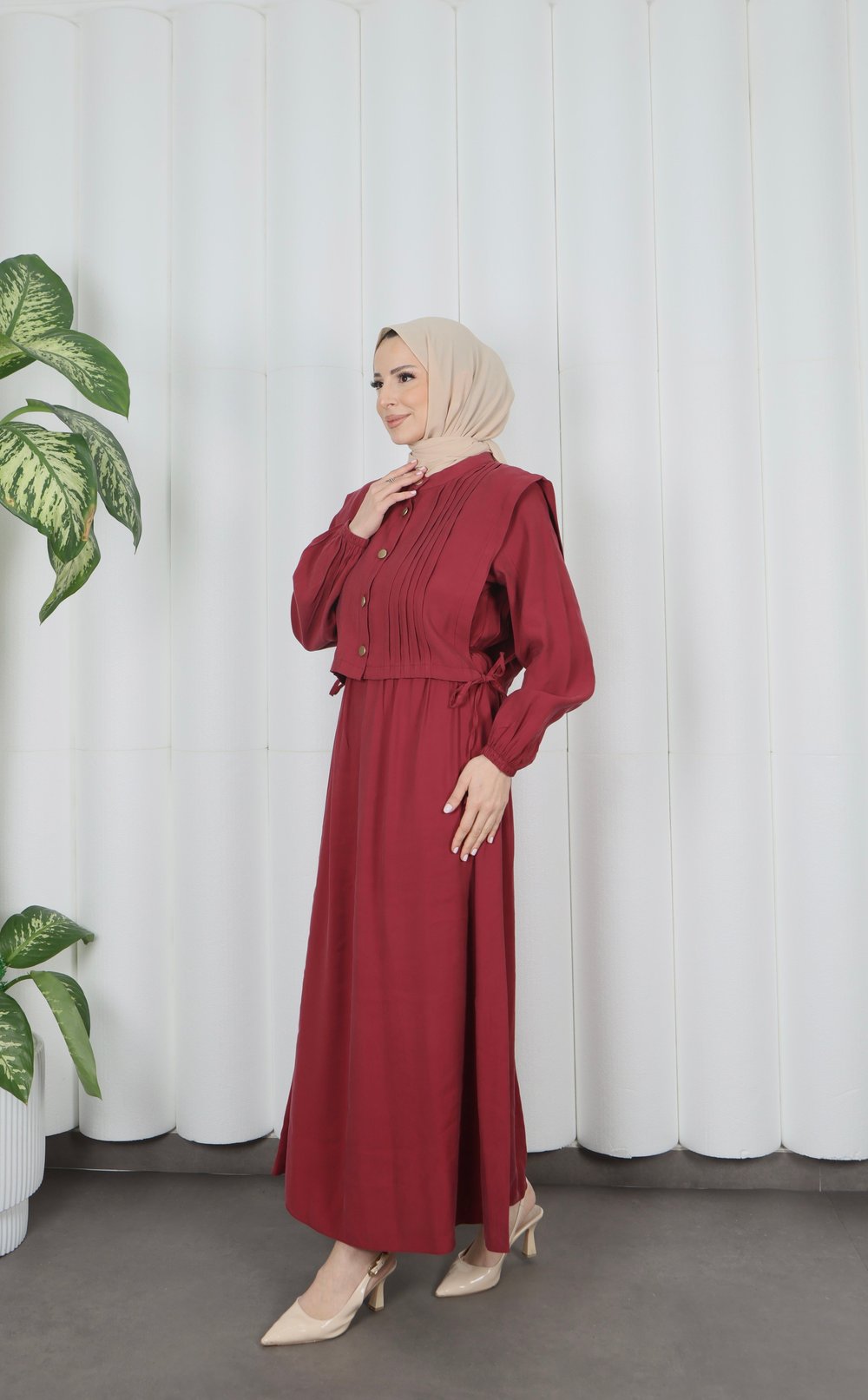 Düğme Detaylı Bolerolu  Pileli Elbise Bordo HNT7121