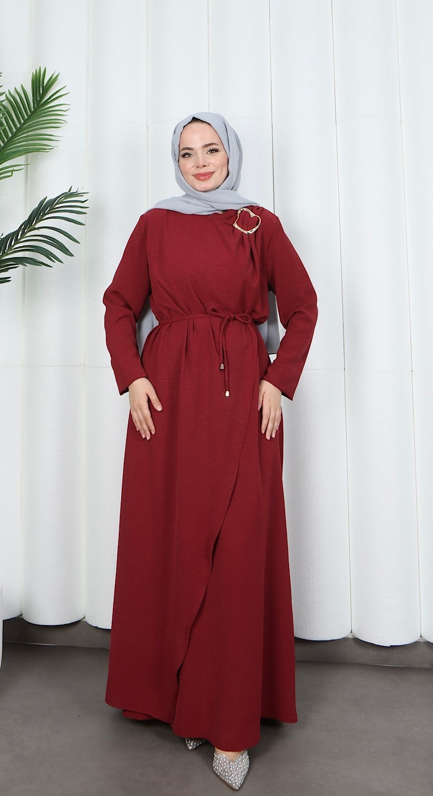 Toka Detaylı Bağlamalı Ayrobin Elbise Bordo   HNT85921