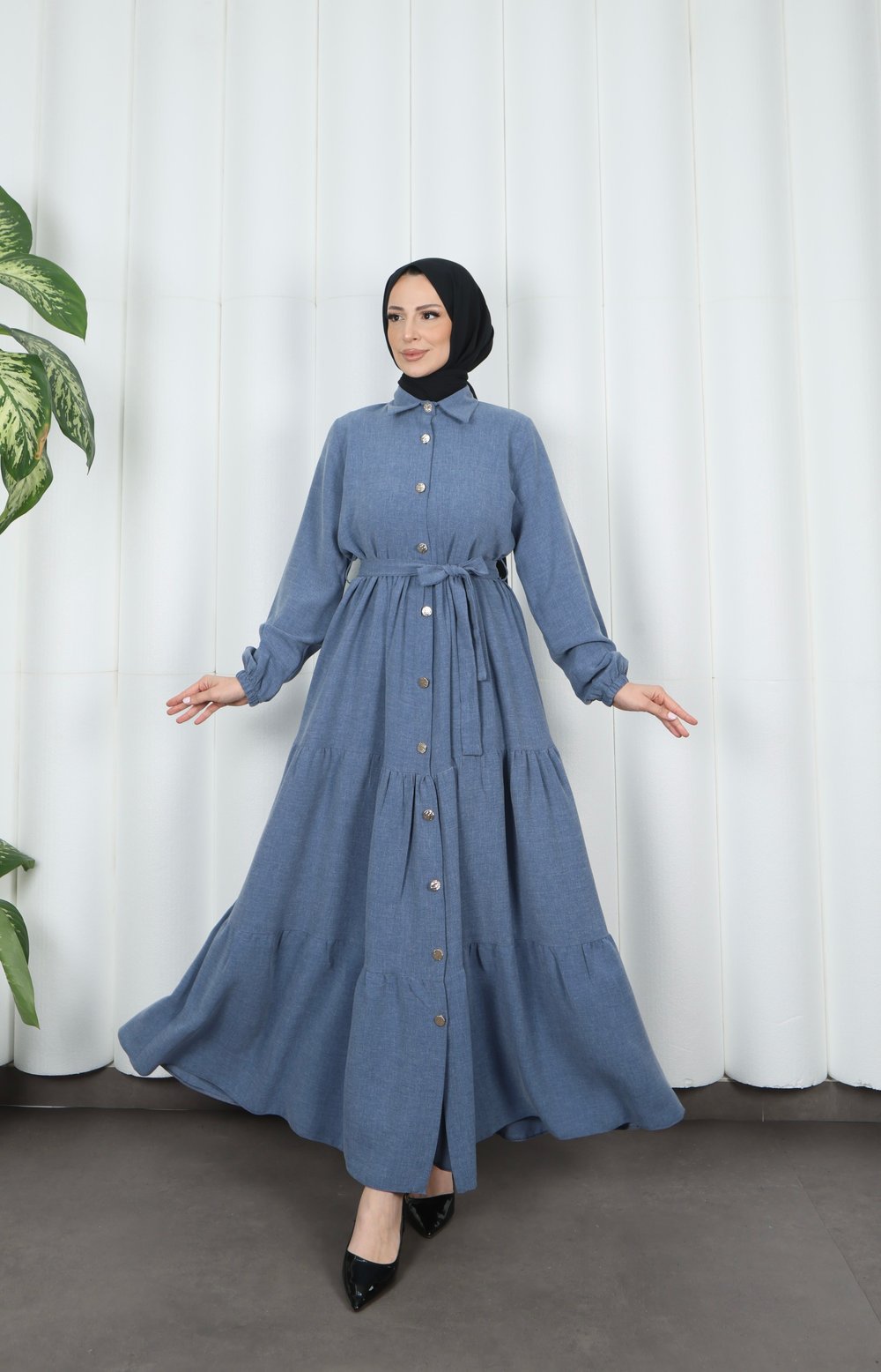 Boydan Düğmeli Kuşaklı Katlı Elbise Mavi   HNT8593