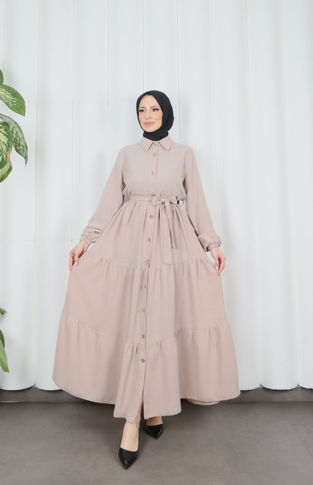 Boydan Düğmeli Kuşaklı Katlı Elbise Krem  HNT8593