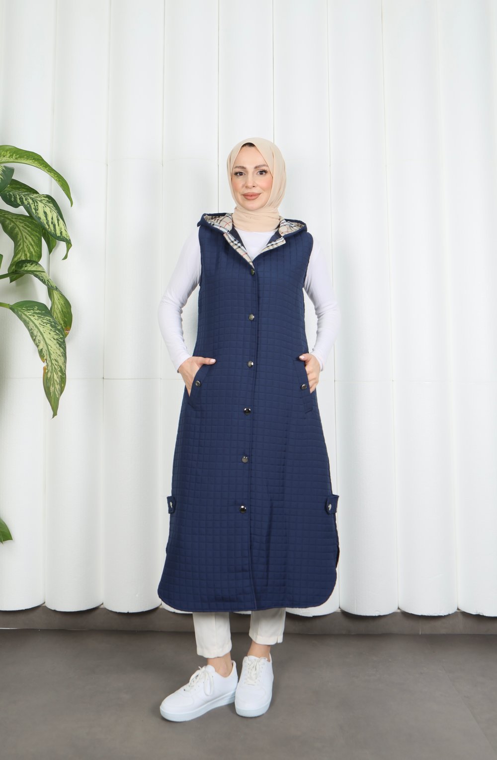 Kapüşon içiş Ekose  Desen Detaylı Yelek Lacivert  HNT8568 