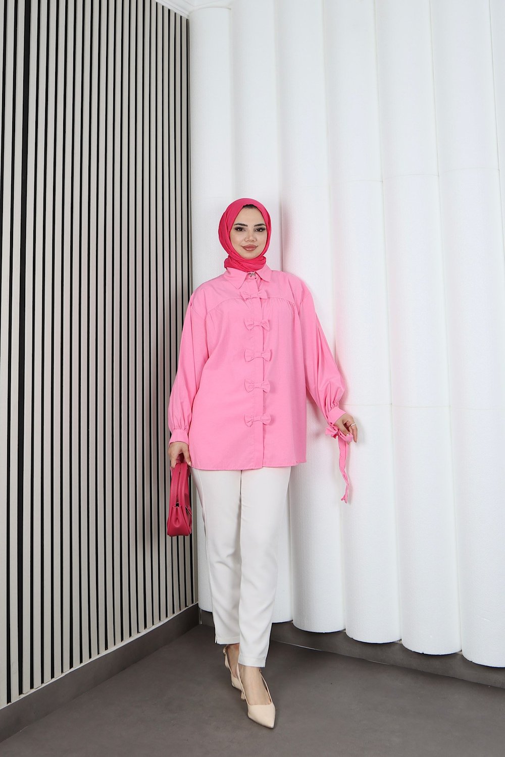 Fiyonk Detaylı Büzgülü Balon Kol Tunik Pembe   HNT2128