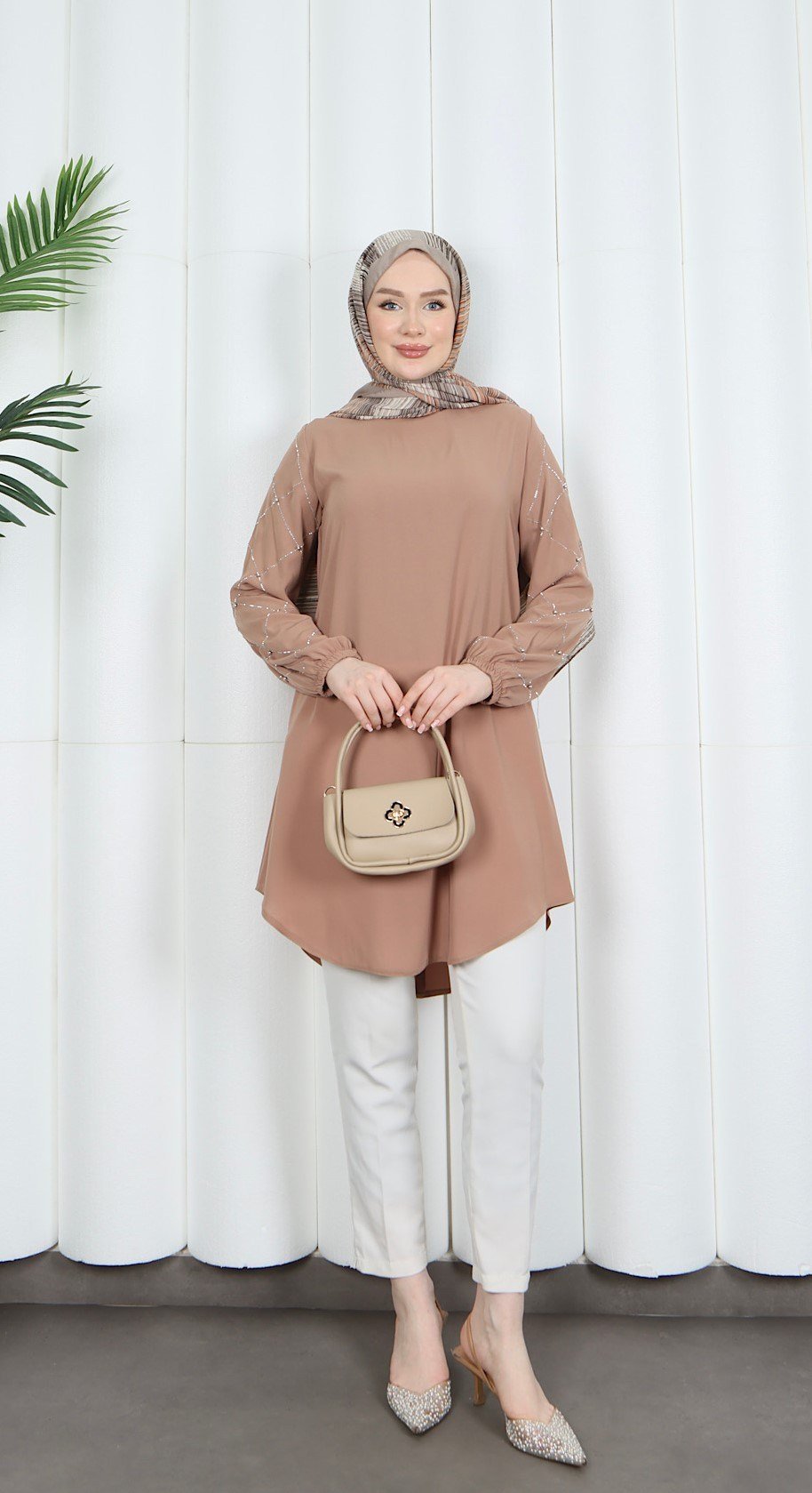 Kolu Taş Detaylı Tunik Taba  HNT7518