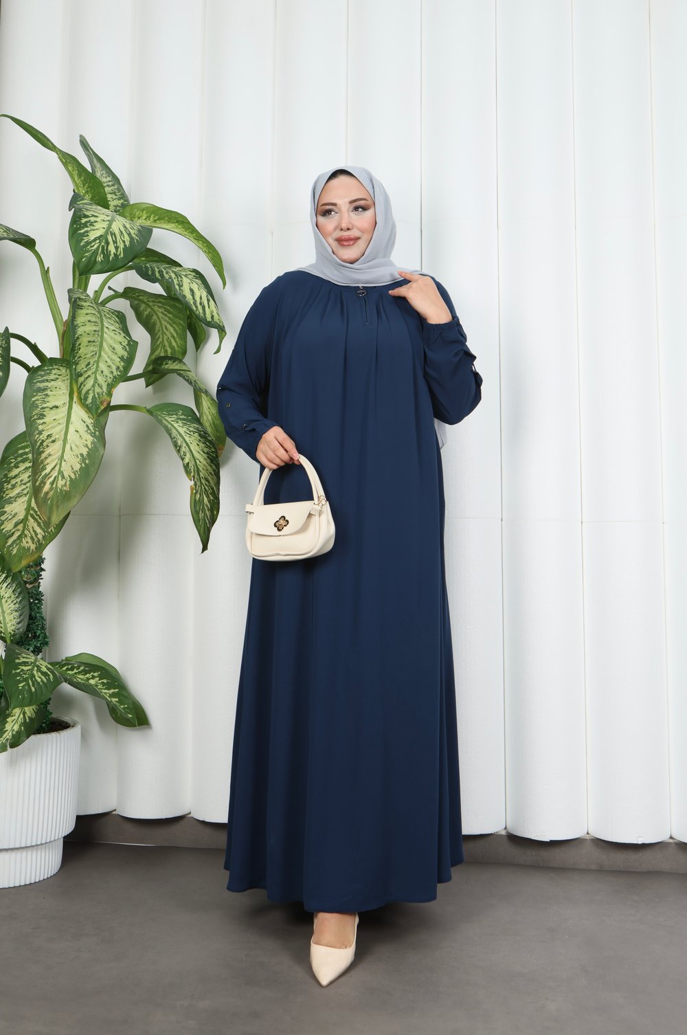 Yakadan Pileli Yarım Mevlana Ferace Lacivert  HNT7063