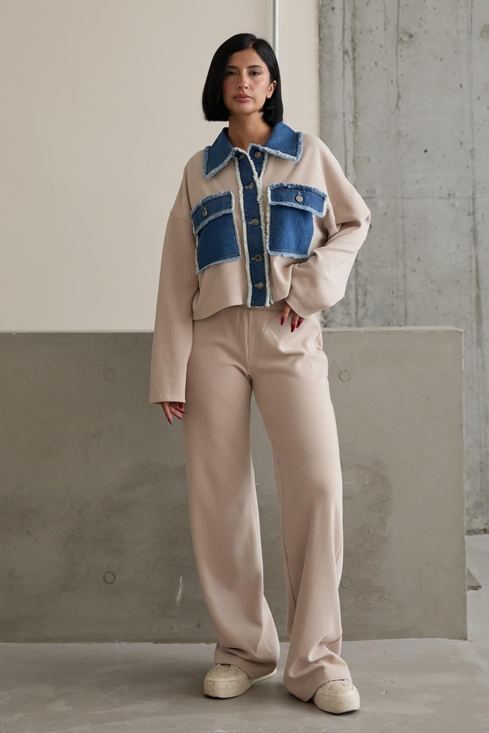Toptan Bej Denim Garnili Gömlek Ve Pantolon Takım