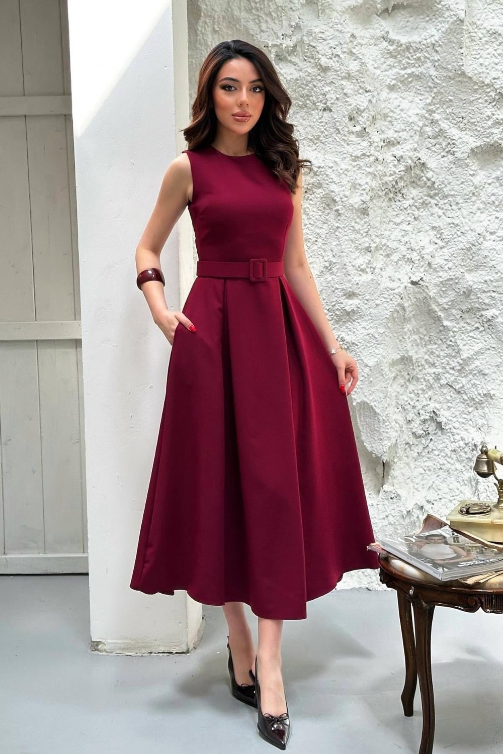 Toptan Bordo Halter Yaka Kloş Elbise