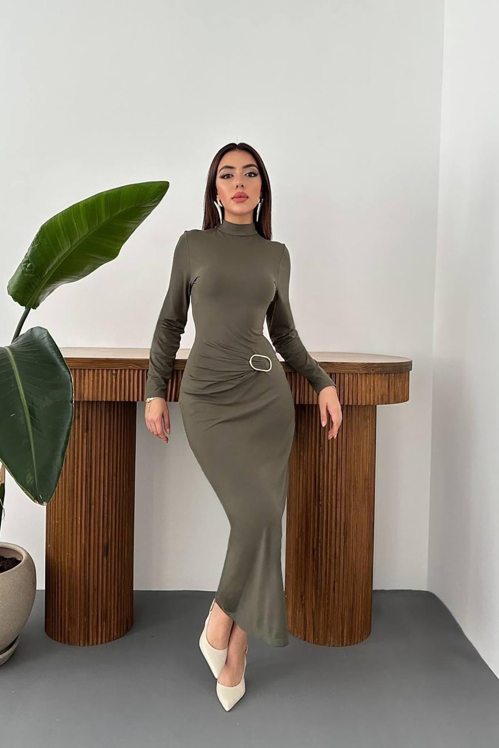 Toptan Haki Beli Tokalı Elbise