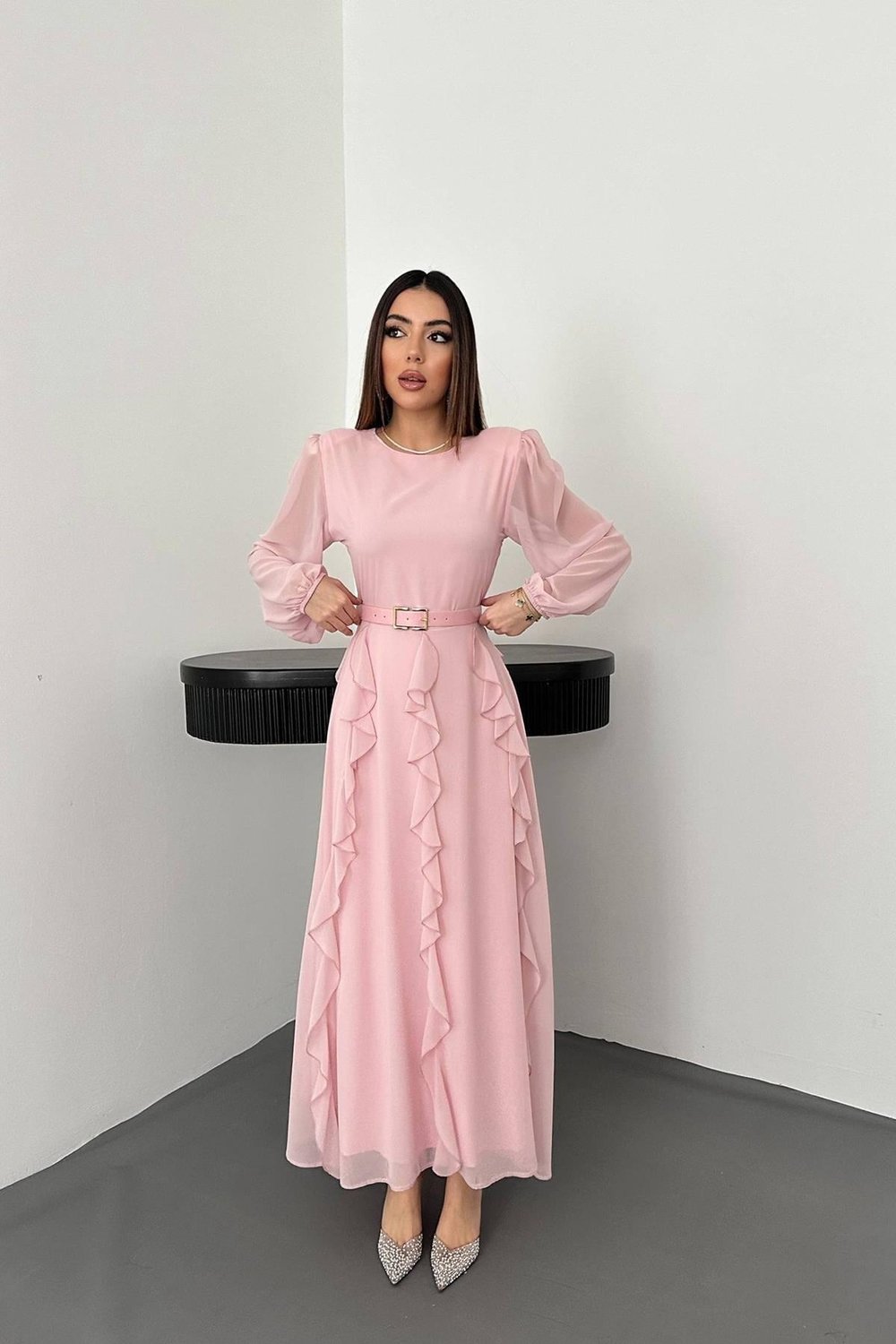 Toptan Pembe Kemerli Şifon Elbise