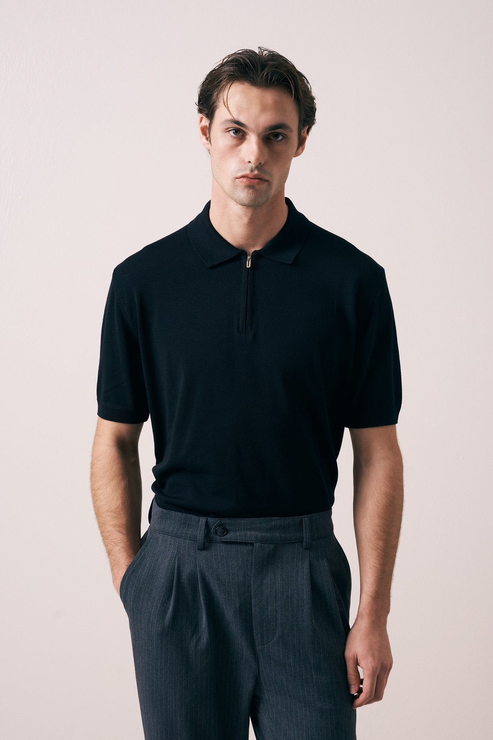 REGULAR FIT KOL ÖRGÜ DETAYLI FERMUARLI POLO TRİKO T-SHIRT