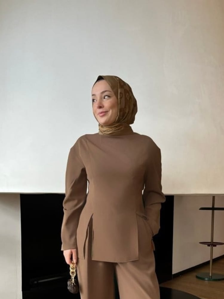 Mira Suit Drape Kol Bluz | Kakao Bej