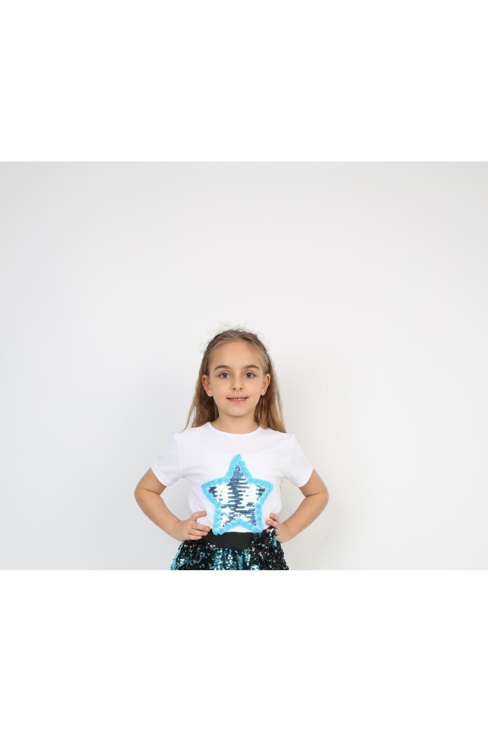 Turkuaz Pullu Yıldız Kız Çocuk T-shirt 23 Nisan 29 Ekim 10 Kasım 19 Mayıs Gösteri Kıyafetleri