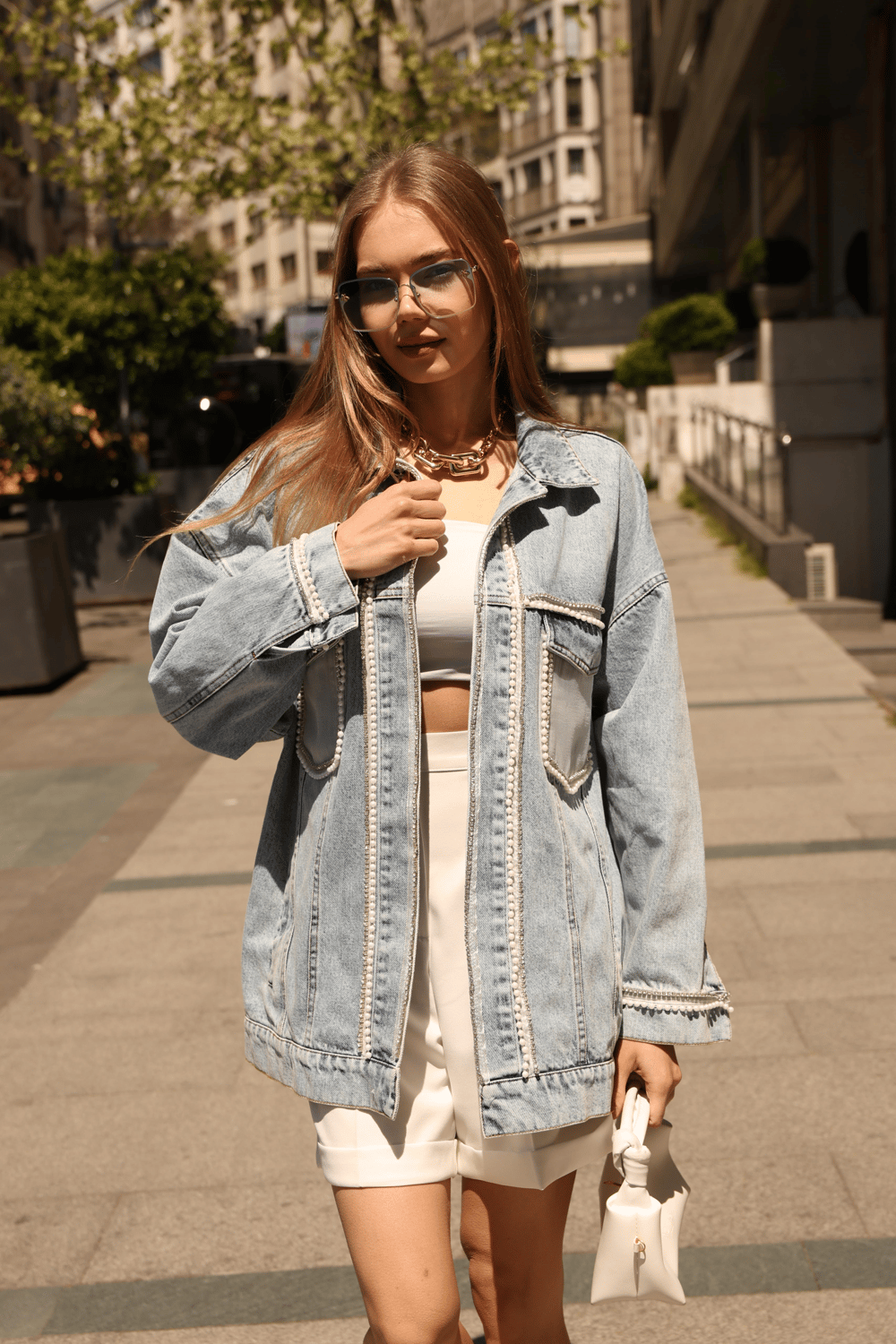İnci Detaylı Denim Ceket