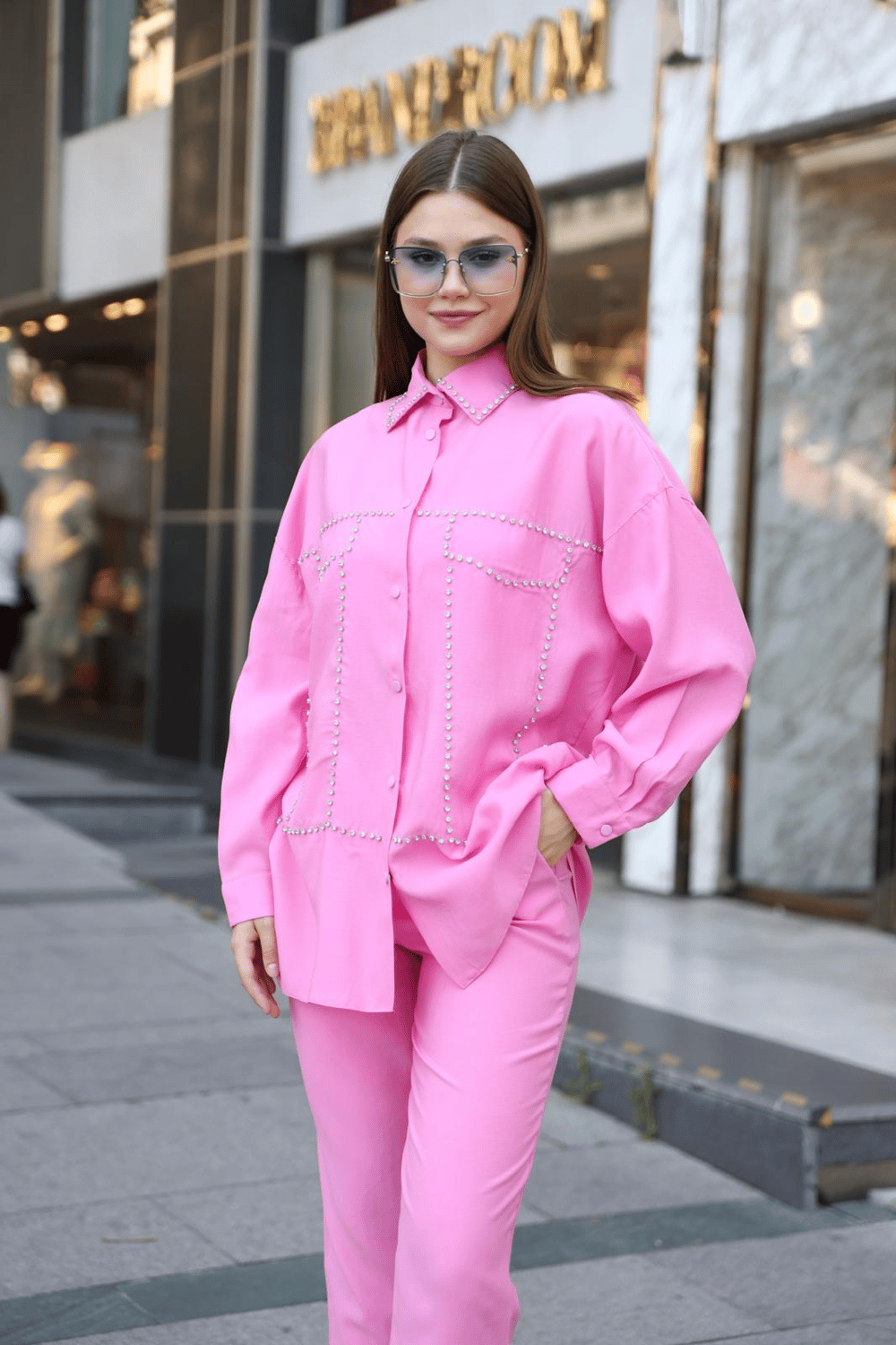Taşlı Olivia Takım Pembe
