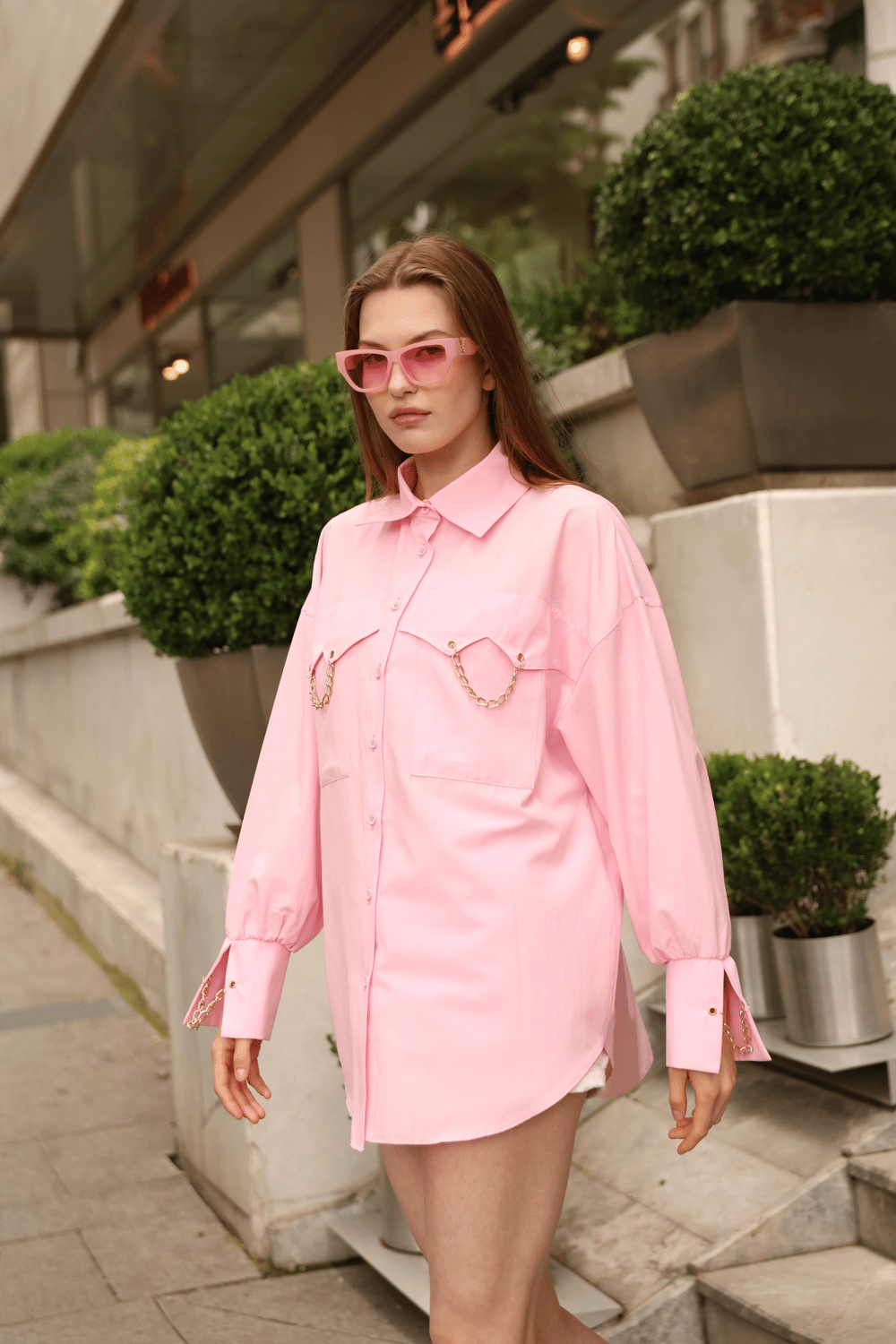 Zincir Detaylı Poplin Gömlek Pembe