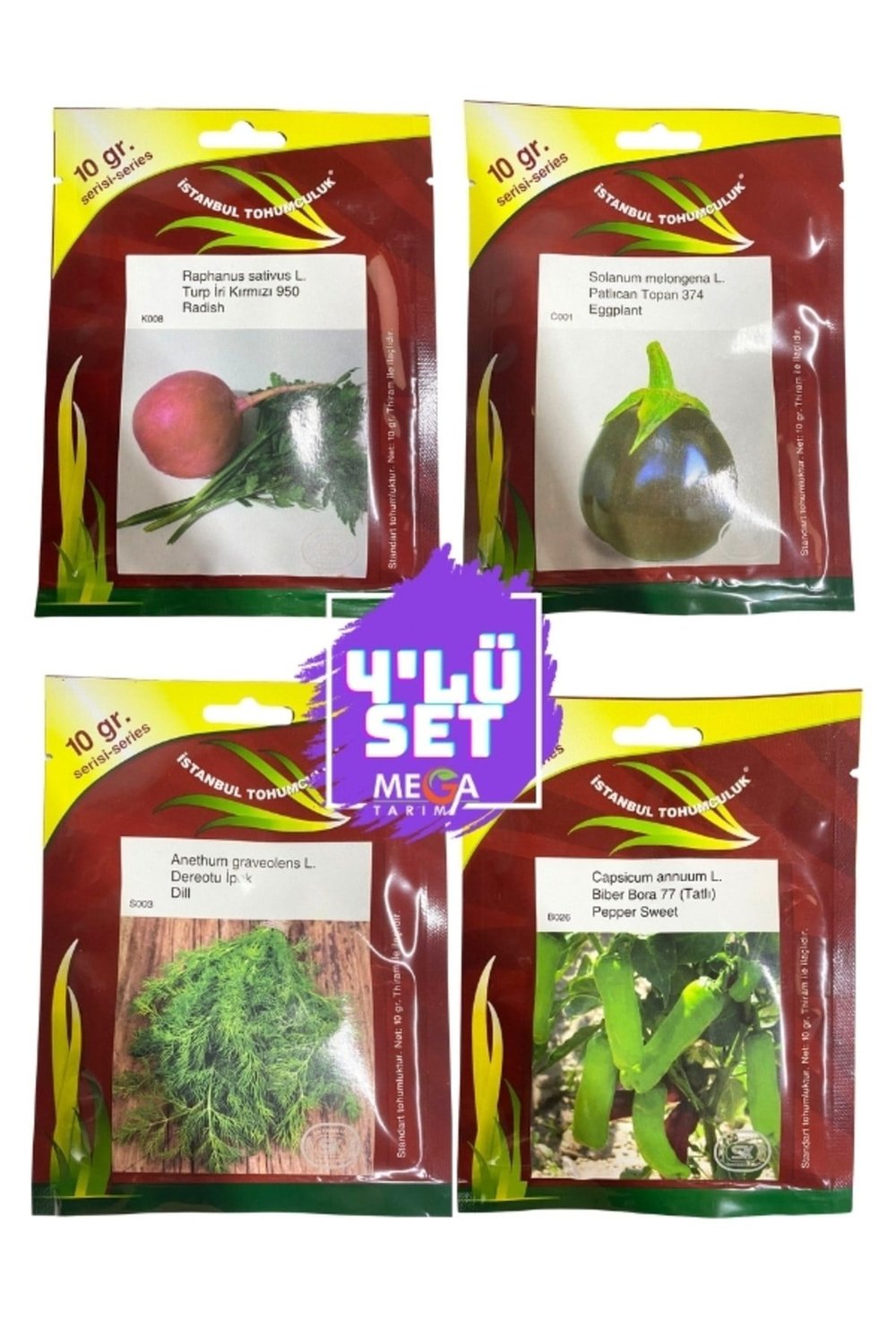 4'LÜ TOHUM SETİ (İRİ KIRMIZI TURP- TOP PATLİCAN-DEREOTU-TATLI KÖY BİBERİ) 10 GR'LIK PAKET