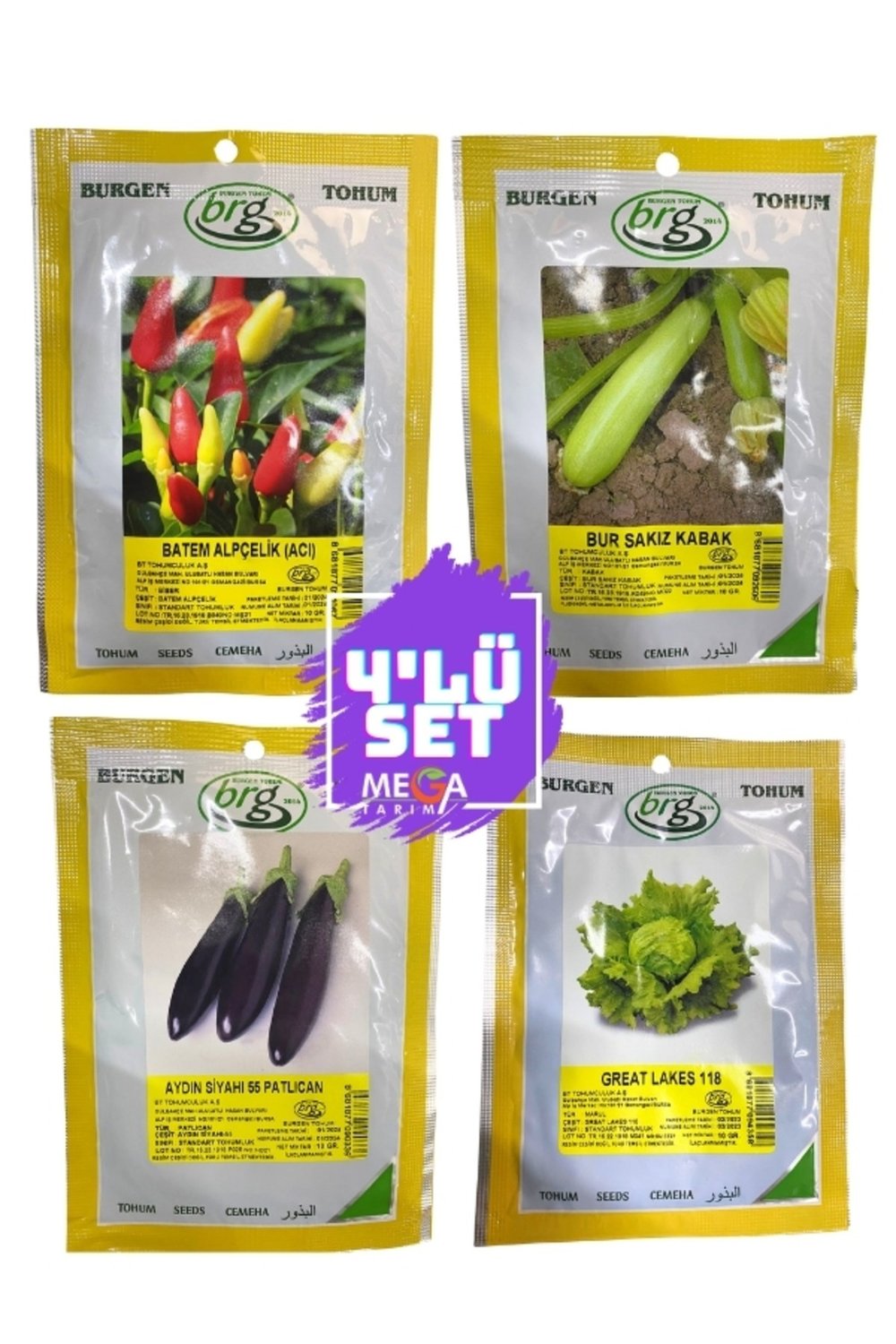4'LÜ TOHUM SETİ MEGA TARIM ( CİN BİBER- SAKIZ KABAK-UZUN PATLİCAN-TOP MARUL) 10 GR'LIK PAKET