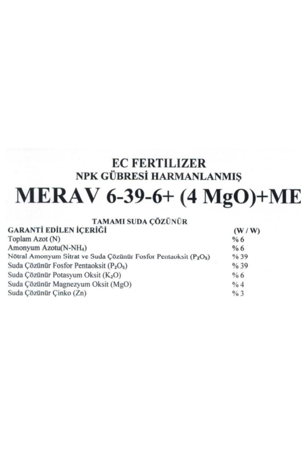 6-39-6 + 4(MgO)+ 3 Zn + ME 1 Kg Toz Bitki Coşturan Yaprak gübresi