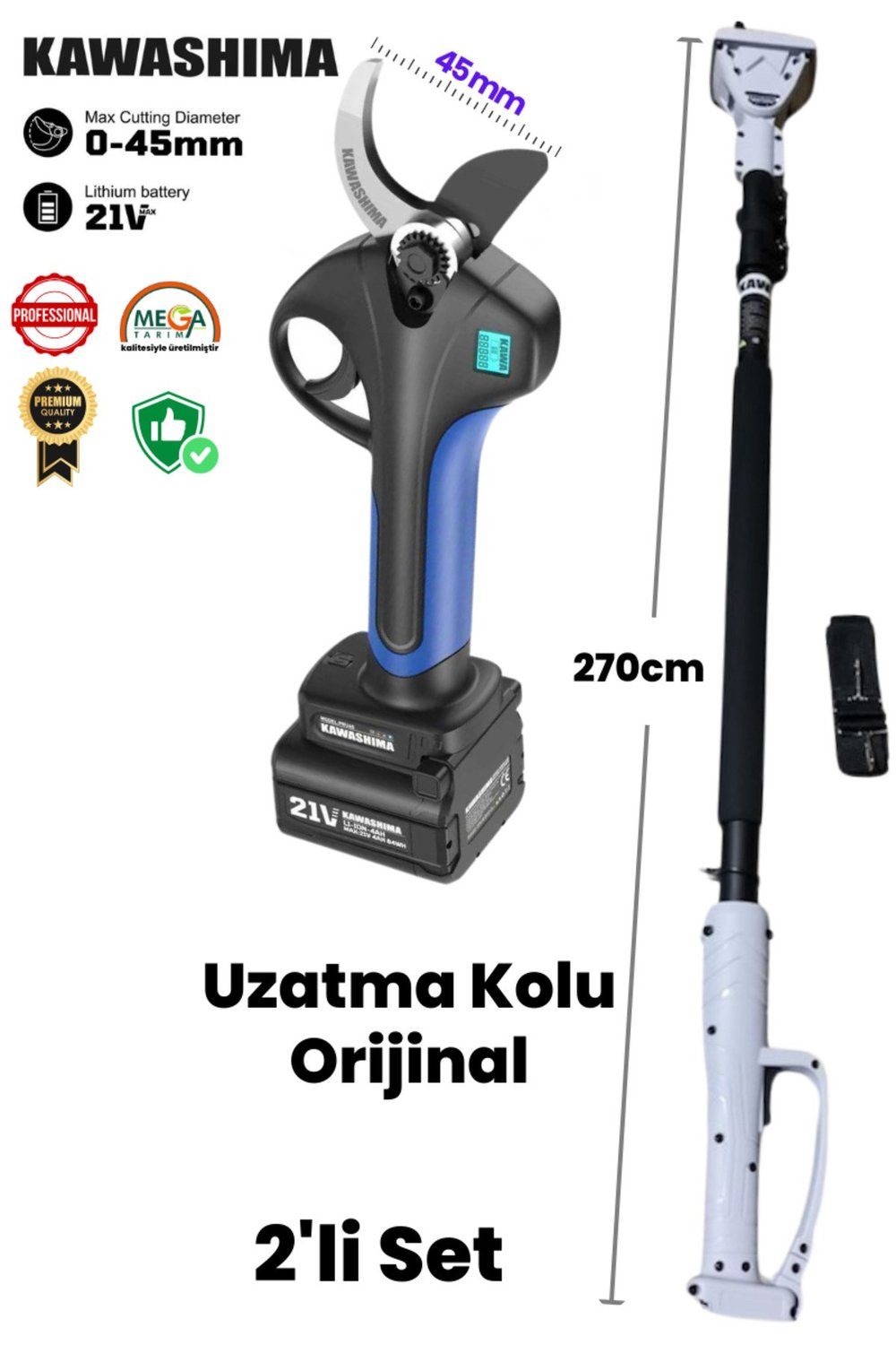 MEGA TARIM 45mm Akülü Budama Makası ve Uzatma Sapı Dahil 21 Volt 4 aH Çift Bataryalı Bel Taşımalı
