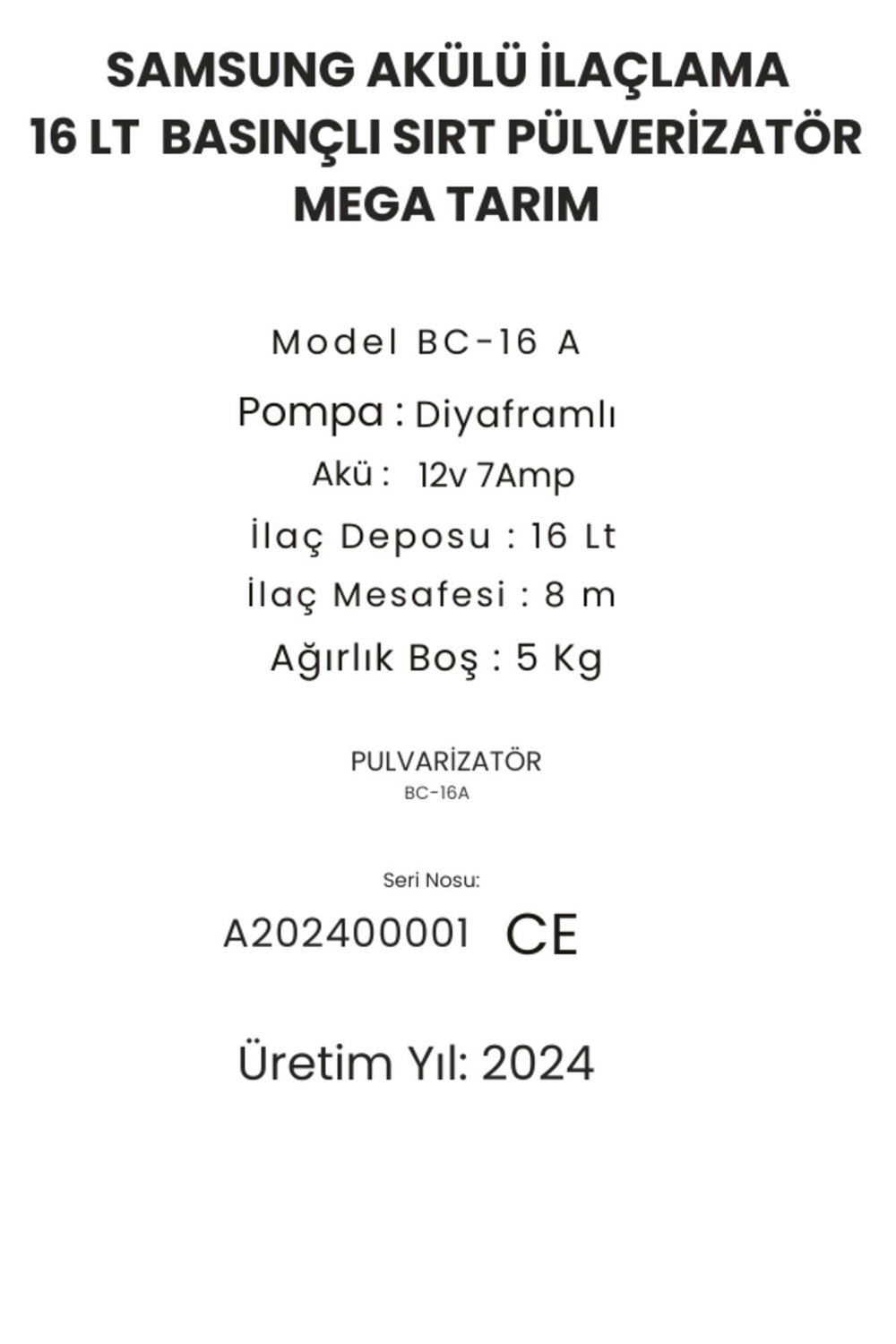 Samsung Akülü ve Kollu İlaçlama Yıkama Makinesi 16 L.  Pülverizatör Yeni Model