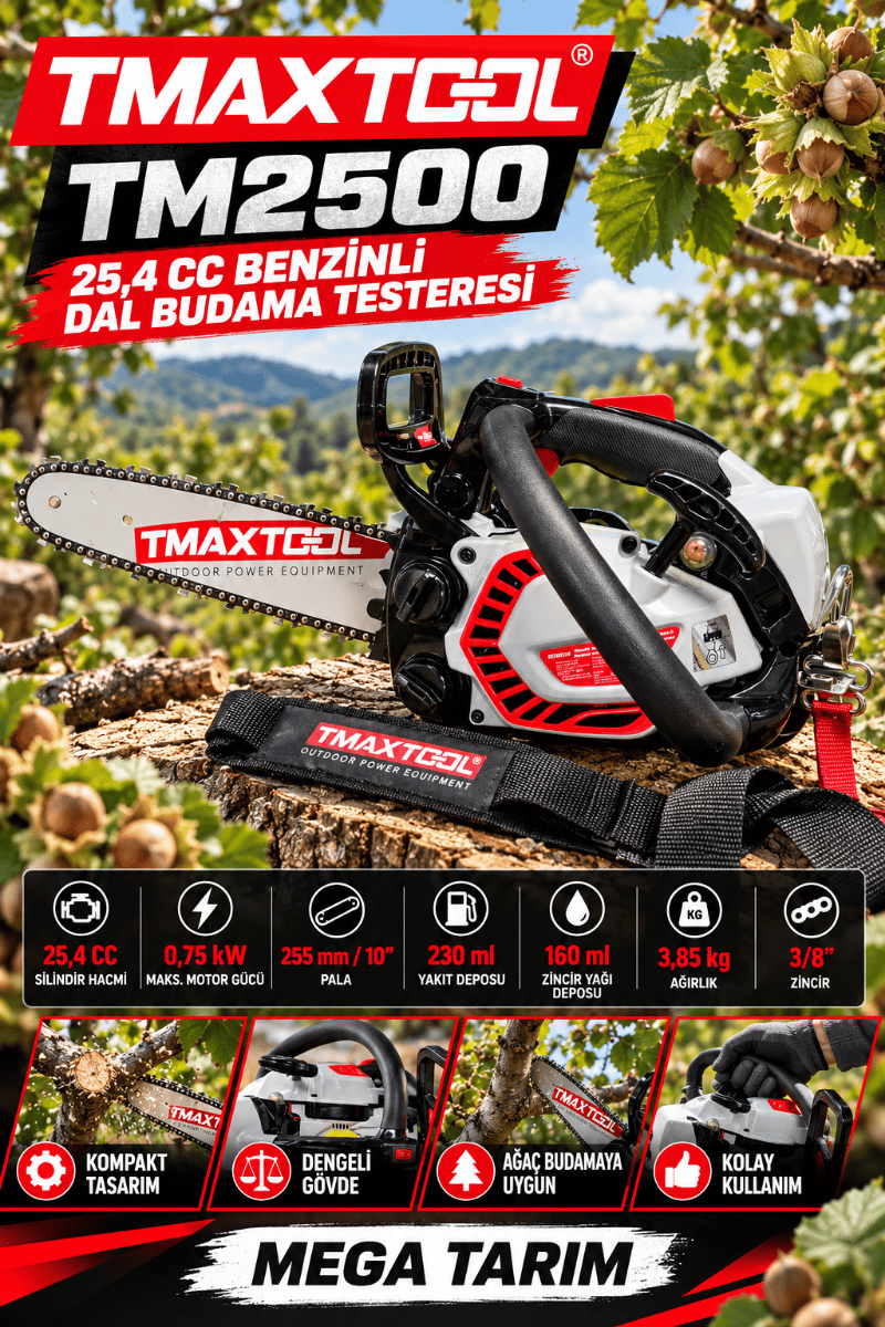 TMAXTOOL TM2500 – 25,4 CC Benzinli Dal Budama Testeresi