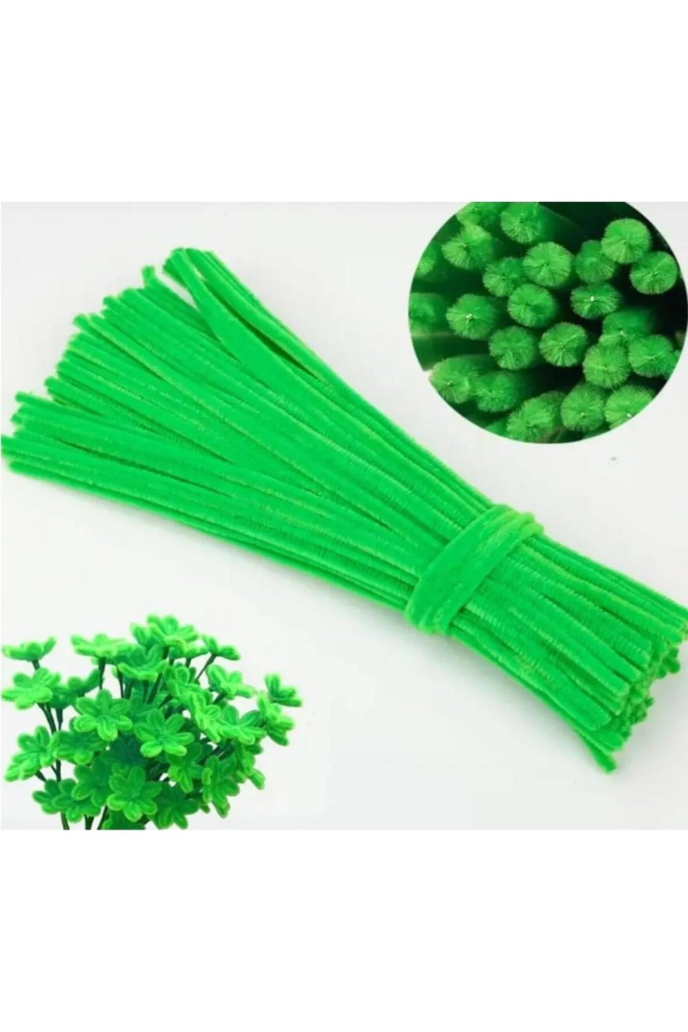 100lü Şönil, Eğitici Şönil, Tüylü Tel, Peluş Tel, kadife şönil, el işi malzemesi 30cm neon yeşil
