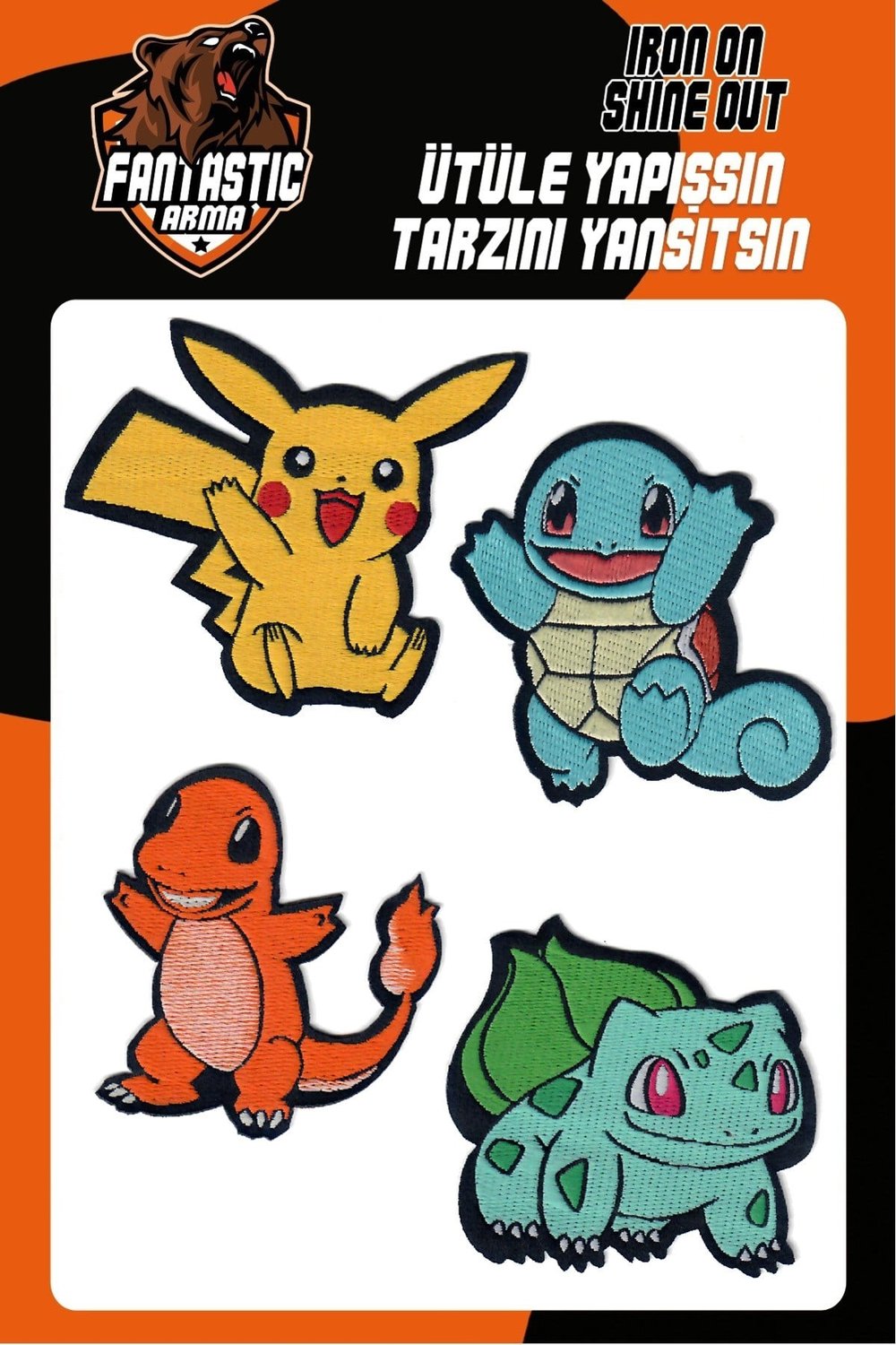 4'lü Pokemon Seti - Pikachu, Squirtle, Charmander, Bulbasaur Ütüyle Yapışan Dokuma Arma, Patch, Yama