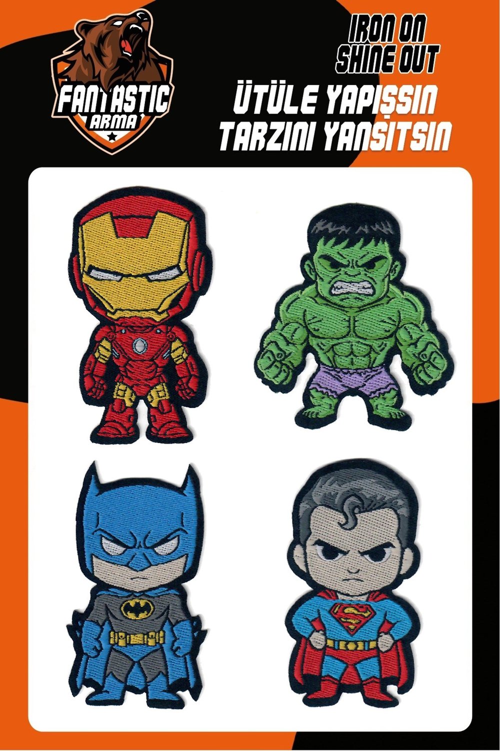 4'lü Süper Kahraman Arma Seti - Ütüyle Yapışan Dokuma Yama Patch - Iron Man, Hulk, Batman, Superman