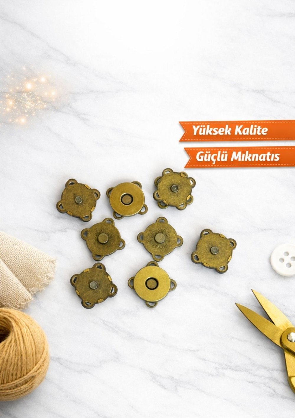 Antik Sarı Mıknatıslı Çıtçıt -  Dikilebilir Çanta Çıtçıtı - Manyetik Çanta Klipsi - Çanta Kapatma Aparatı - Dikilebilir Mıknatıs