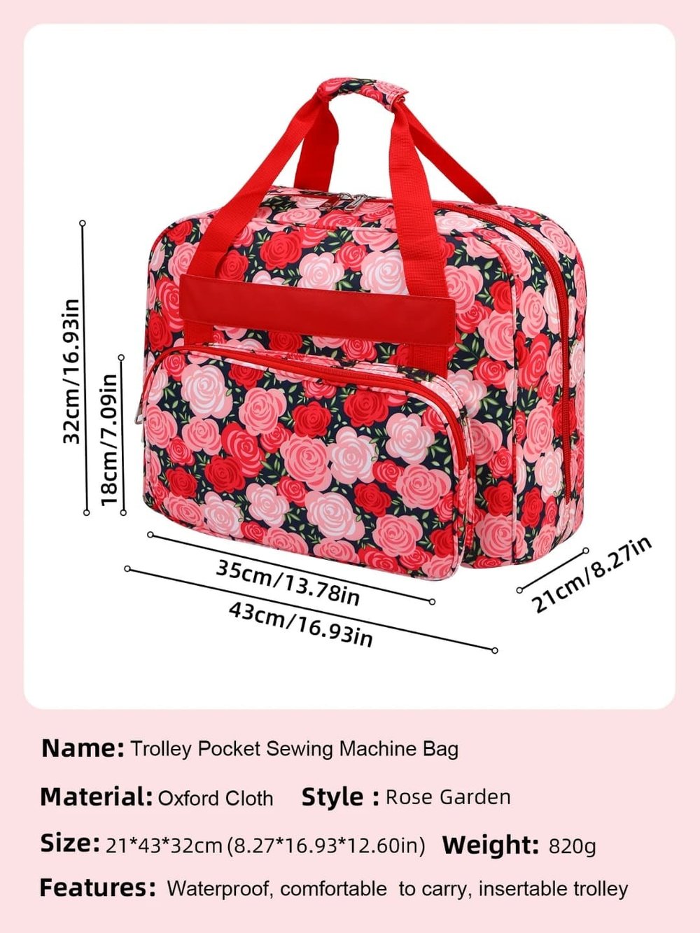 Dikiş Makinesi Taşıma Çantası Gül Desenli  – Trolley Pocketli - Dayanıklı Dikiş ve Örgü Organizer Çantası – Seyahat ve Ev İçin