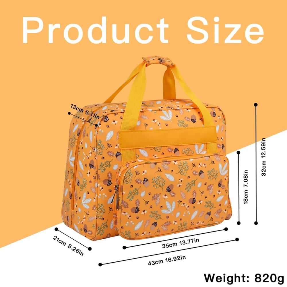 Dikiş Makinesi Taşıma Çantası Sarı Meşe Palamudu Desenli– Trolley Pocketli - Dayanıklı Dikiş ve Örgü Organizer Çantası – Seyahat ve Ev İçin