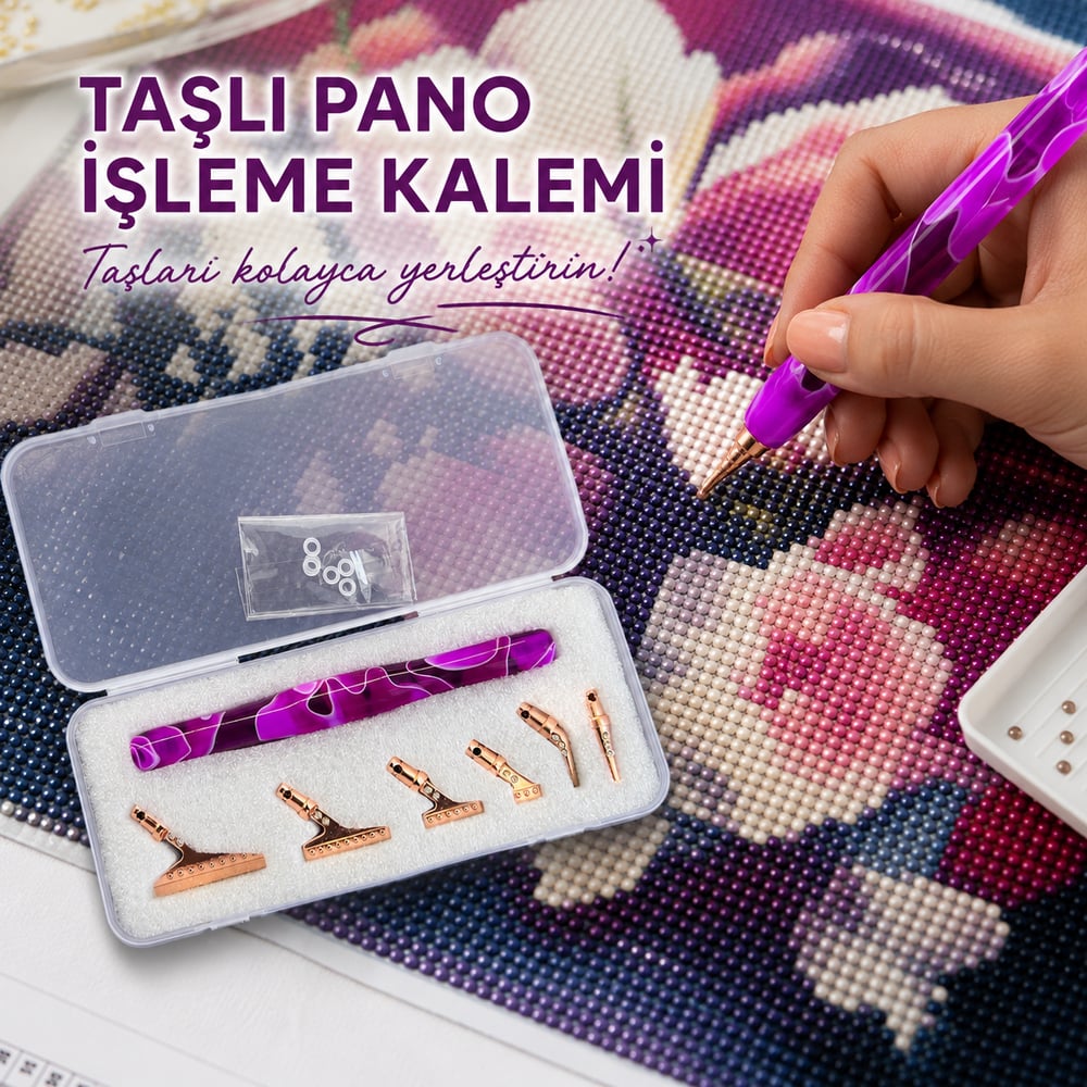 Taşlı Pano İşleme Kalemi Seti Çift Taraflı 6 Metal Uçlu Diamond Painting Kalemi Akrilik Gövdeli Kutulu