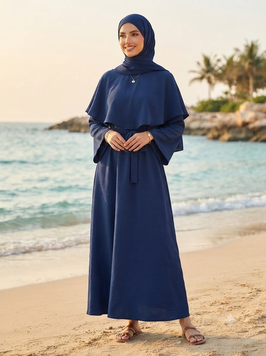 Beli Lastikli Çıkarılabilir Pelerin Detaylı Elbise Lacivert
