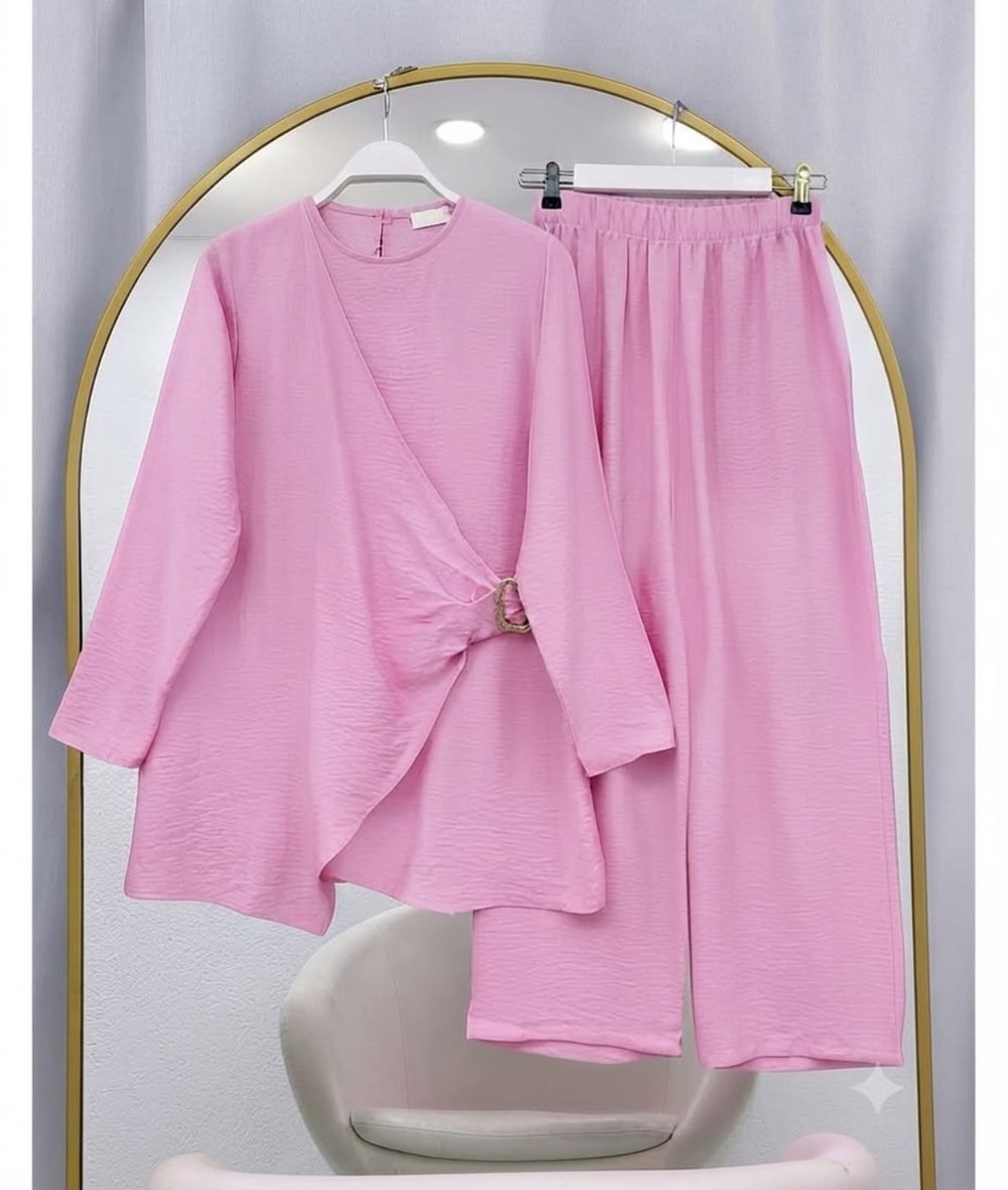 Büzgü Detaylı Pantolonlu İkili Takım Pembe
