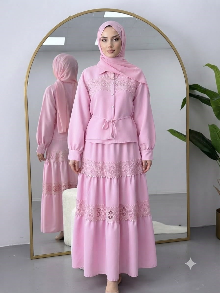 Dantel Şeritli Gömlek Etekli Takım Pembe