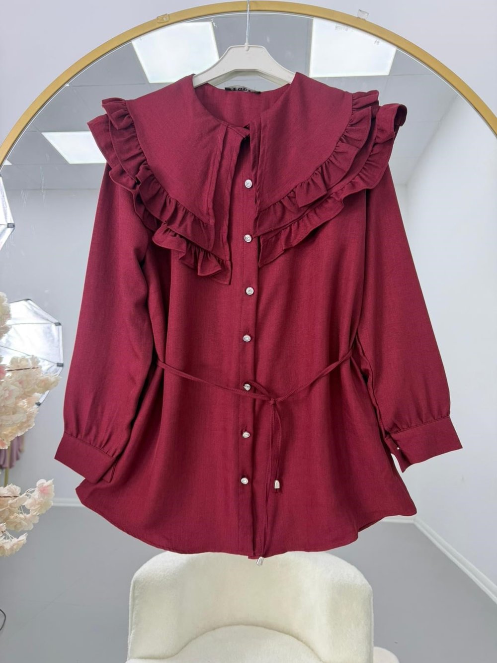 Fırfır Yaka Bağcıklı Tunik Bordo