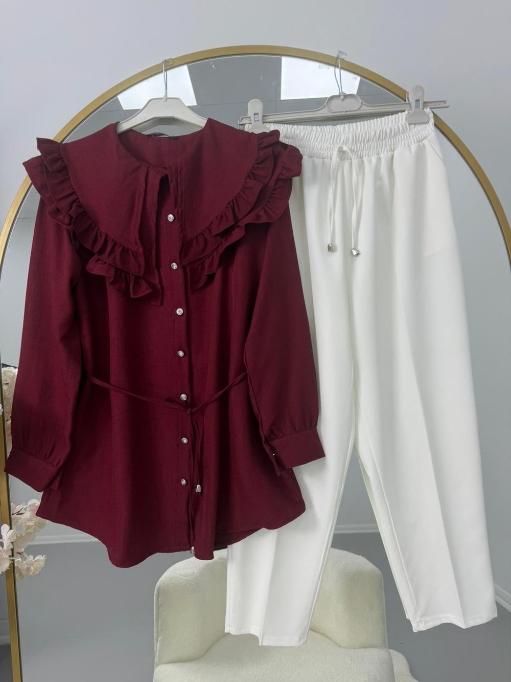 Fırfır Yaka Bağcıklı Tunik Pantolonlu Takım Bordo