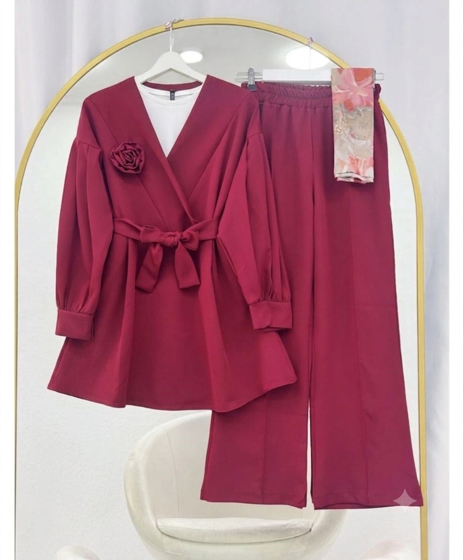 Gül Detaylı Pantolonlu İkili Takım Bordo
