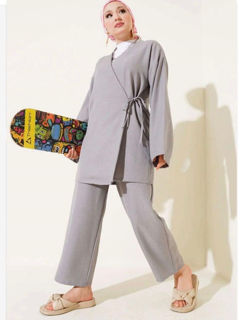 Kadın Bağcıklı Kimono Takım Gri