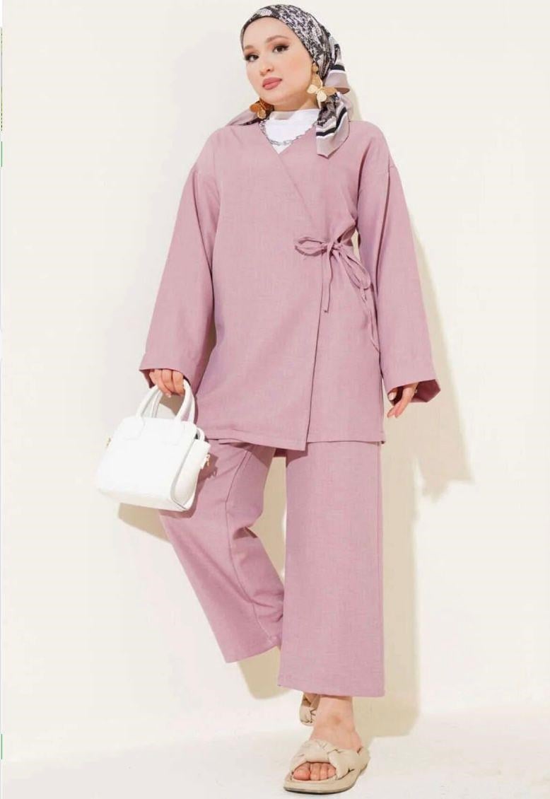 Kadın Bağcıklı Kimono Takım Pudra
