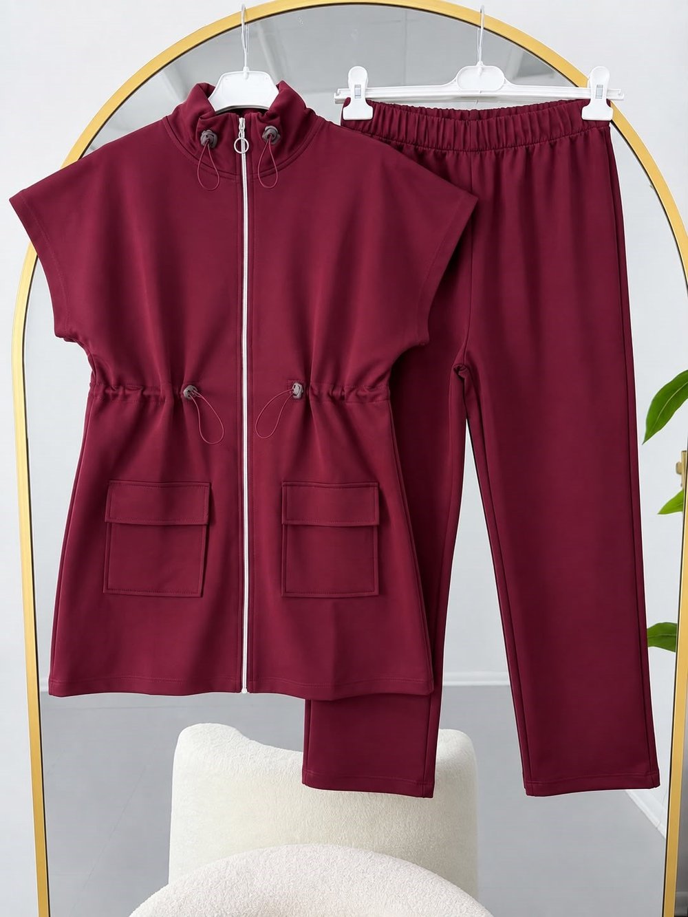 Kadın Bel Büzgülü Yelekli Tesettür Pantolonlu Takım Bordo