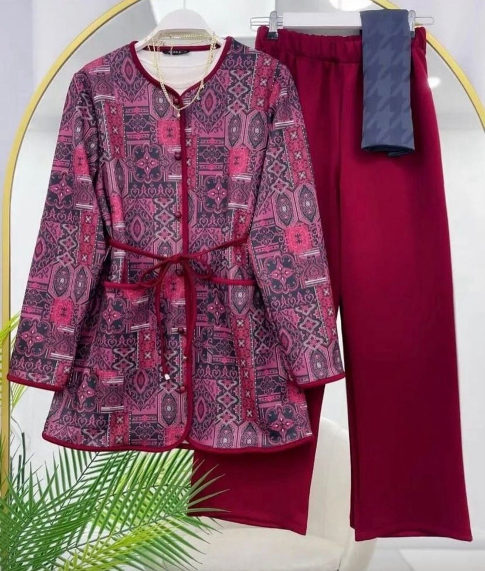 Kadın Etnik Desenli Pantolonlu Takım Bordo