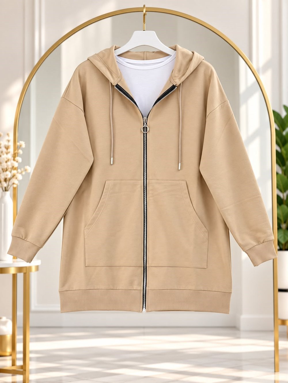 Kadın Kapüşonlu Fermuarlı Sweatshirt Bej