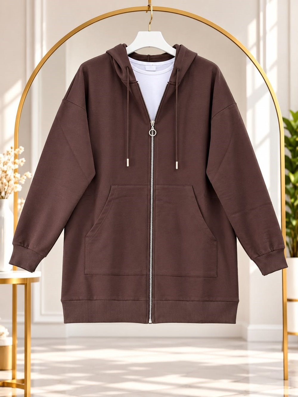 Kadın Kapüşonlu Fermuarlı Sweatshirt Kahverengi