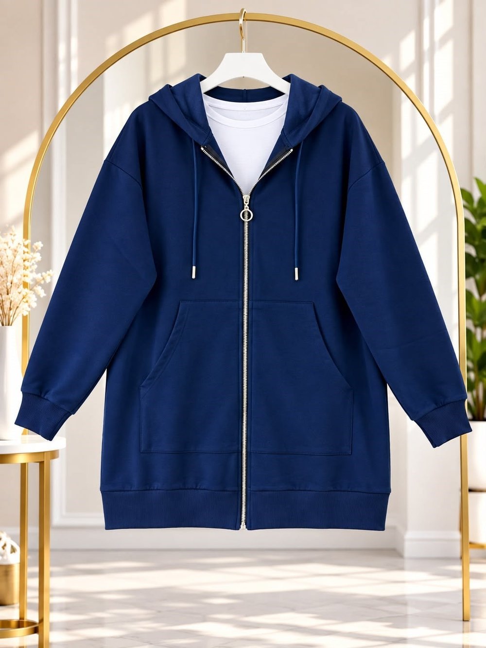Kadın Kapüşonlu Fermuarlı Sweatshirt Lacivert